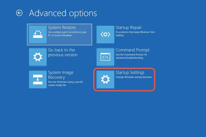 The Advanced options screen with the Startup Settings option highlighted in a hot pink box.