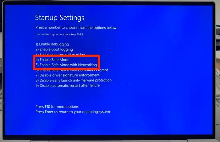 Picture of the Startup Settings screen with the Enable Safe Mode and Enable Safe Mode with Networking options highlighted in a hot pink box.