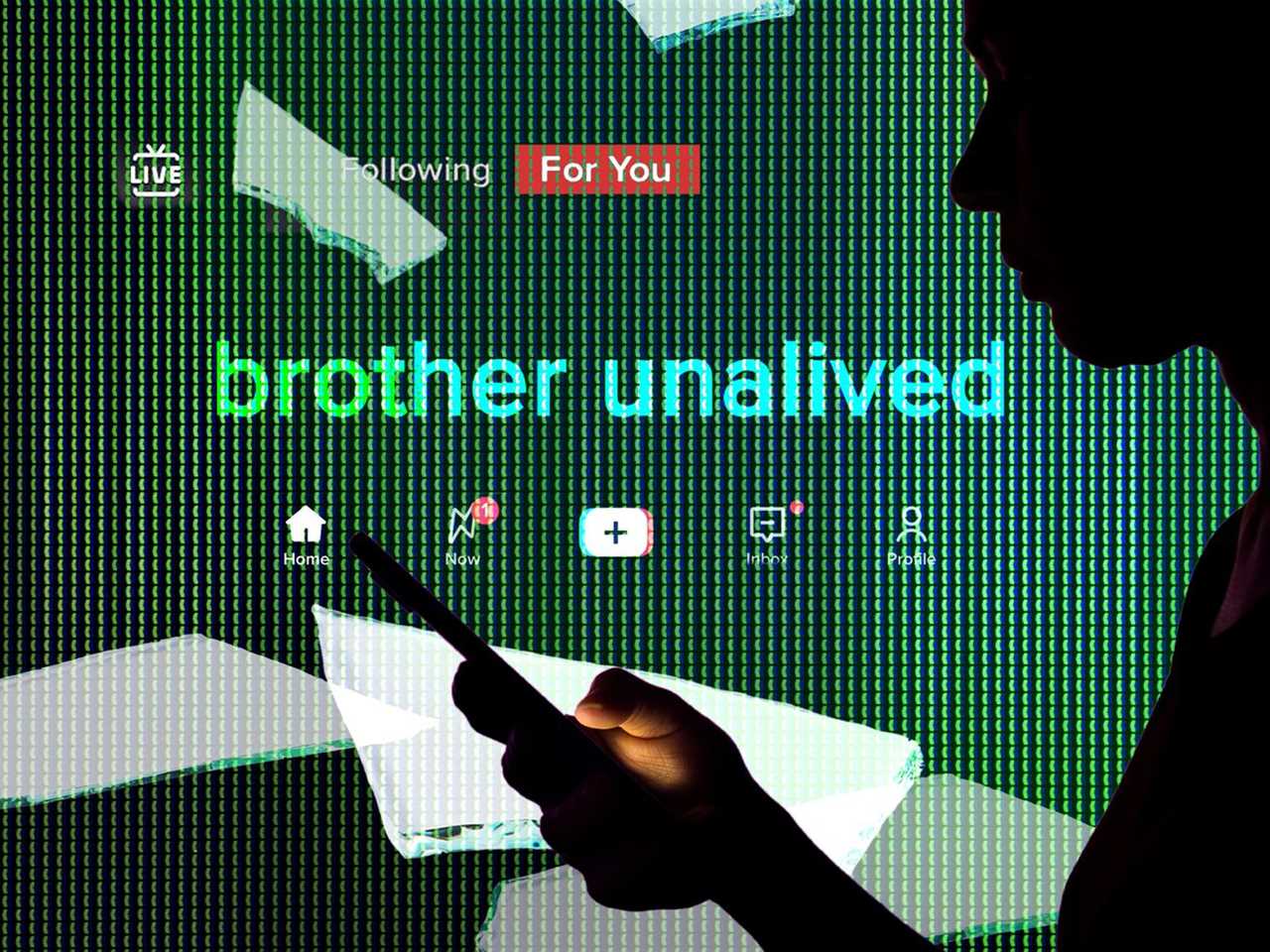 Collage of images including the silhouette of a person looking at a phone, the TikTok For You page, and the words “brother unalived.”