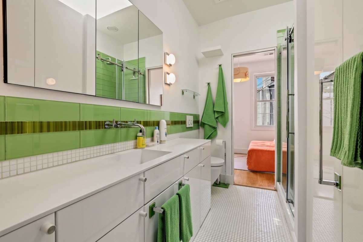 white and pastel bathroom design