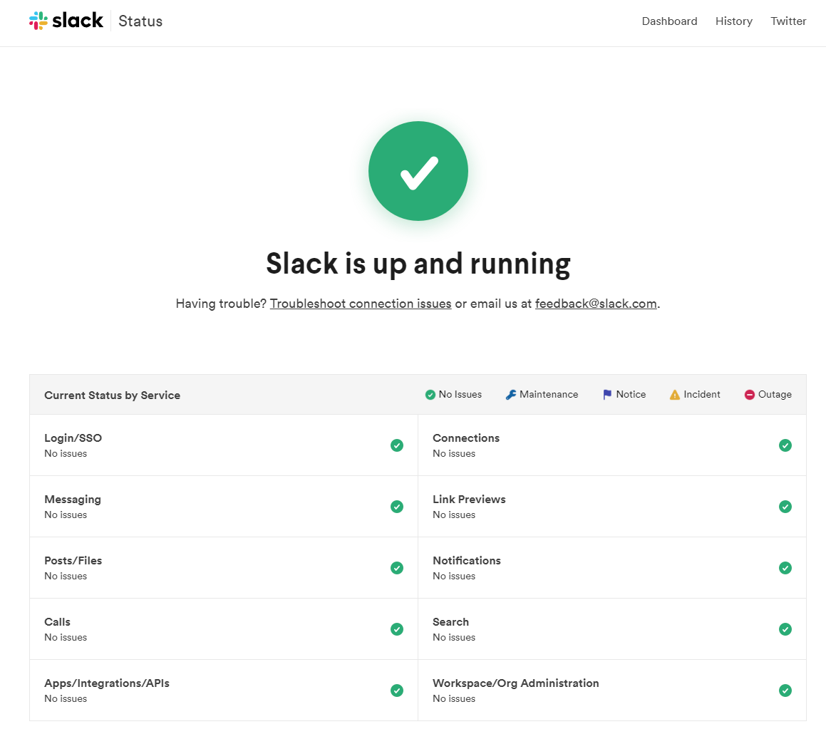 Slack's system status webpage in Chrome.