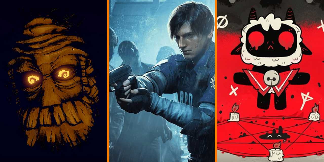 Screenshots from the games Inscryption, Resident Evil 2, and Cult of the Lamb.