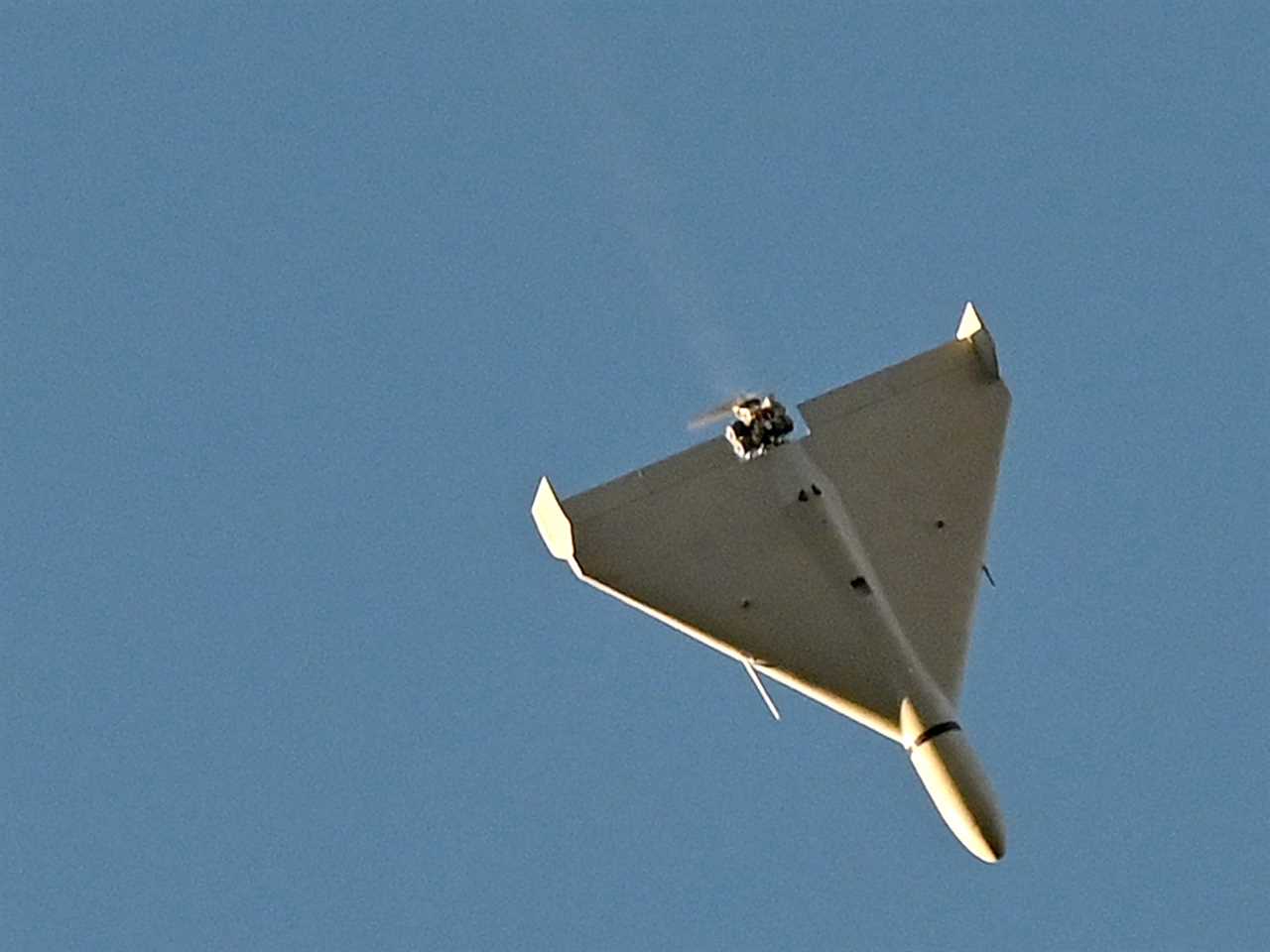 A drone flies over Kyiv during an attack on October 17, 2022, amid the Russian invasion of Ukraine