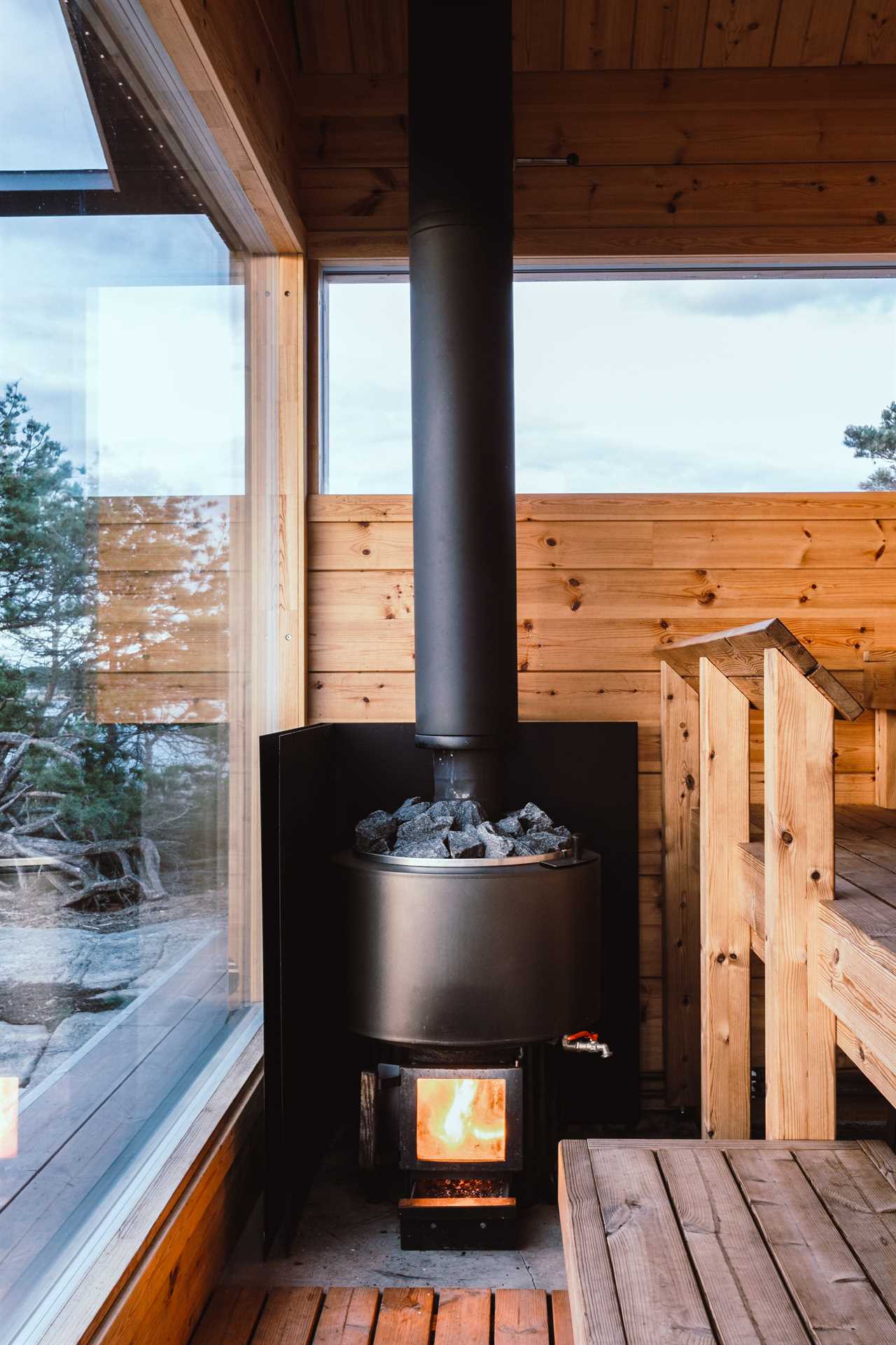 a sauna stove in a wooden room