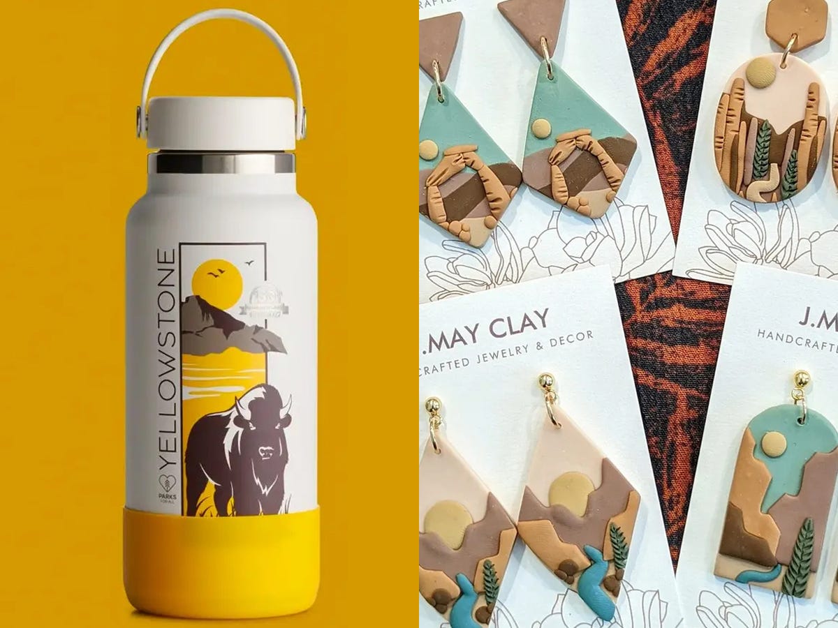 On left, a Hydro Flask water bottle with a Yellowstone graphic; on right, four pairs of dangling clay earrings with different national parks on them