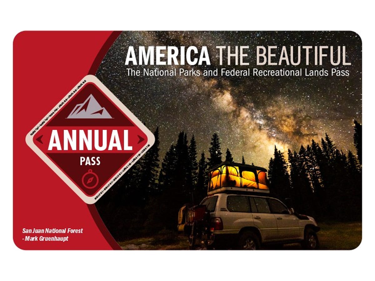 America the beautiful national parks and federal recreational lands pass depicting a jeep with a lit roof tent under a starry sky with looming pine trees