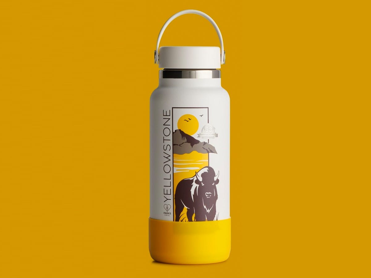 Yellowstone Hydro Flask water bottle with a buffalo and landscape illustration