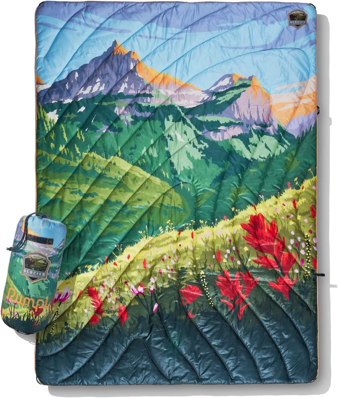 Rumpl The Original Puffy National Parks Collection blanket with Glacier National Park illustrated on it