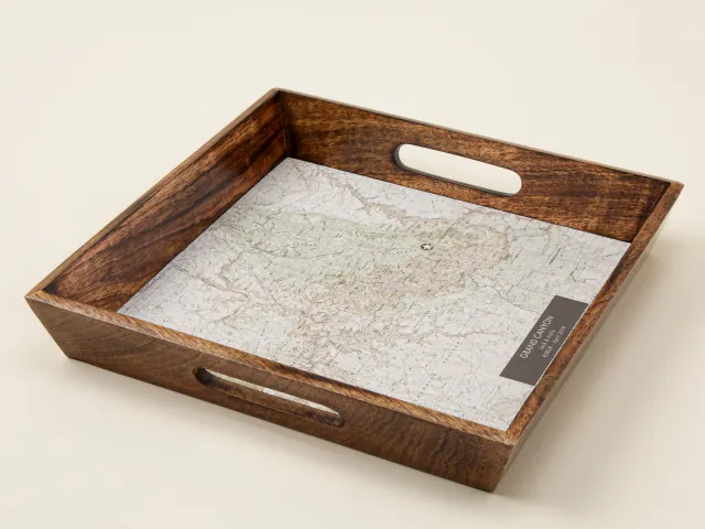 map printed onto a tray with a wooden frame