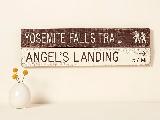 custom hiking trail signs with Yosemite Falls Trail and Angel's Landing