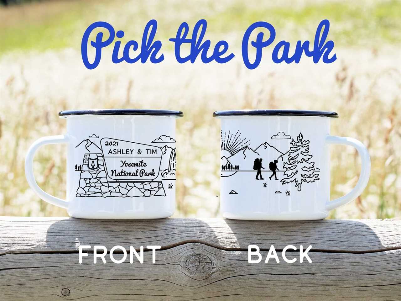 front and back of a national park mug sitting on a log