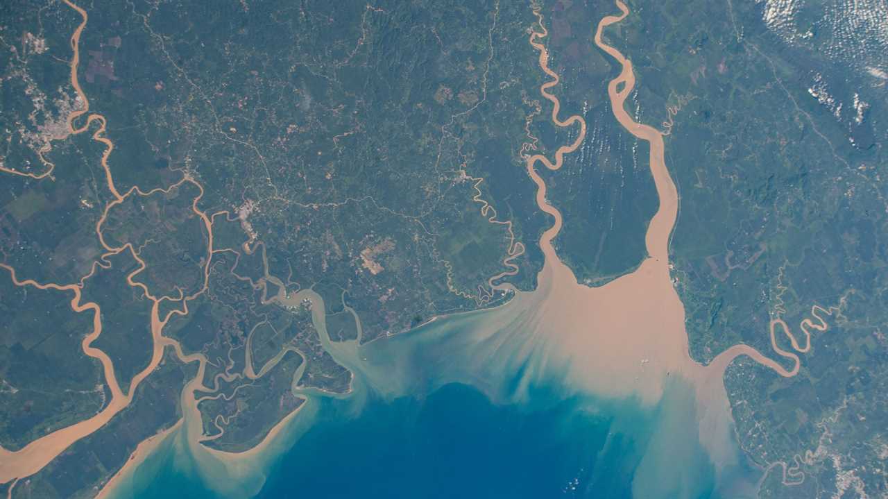 view from space shows brown rivers emptying into blue ocean across green landscape