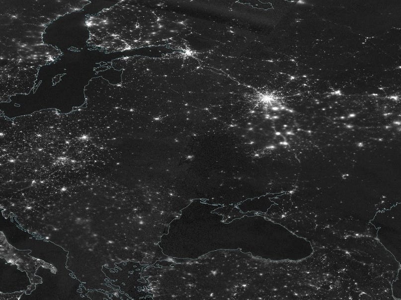 satellite image of Europe shows night lights with dark patch in ukraine