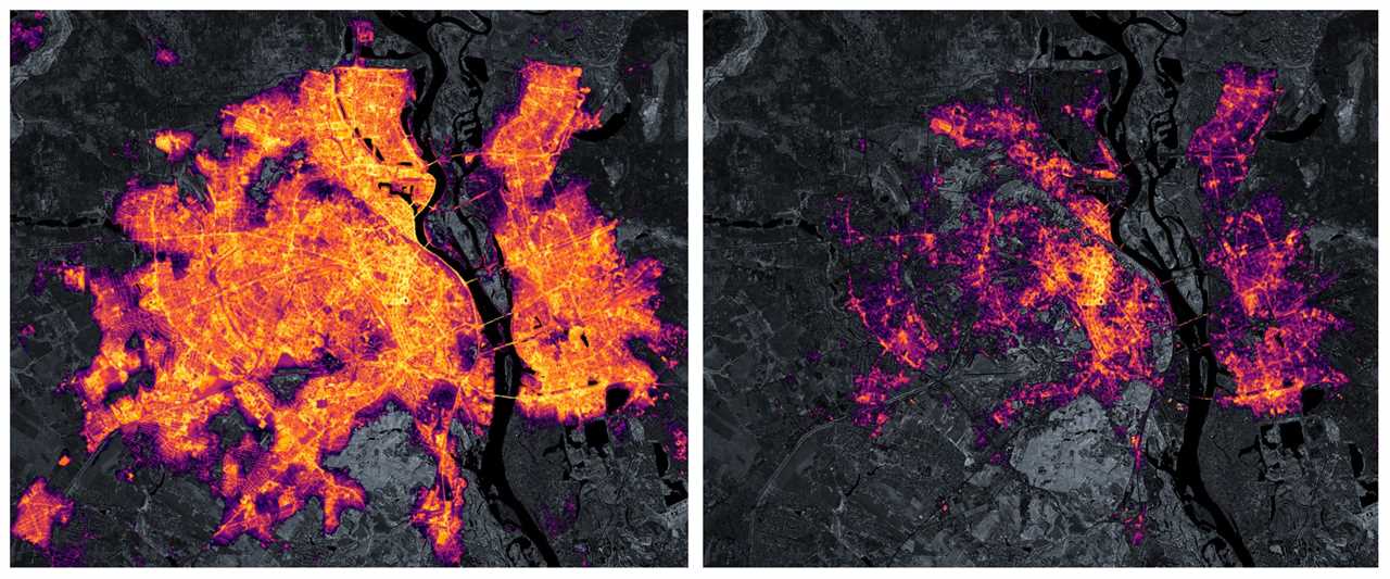 side by side satellite images of kyiv show the city going dark after russian invasion