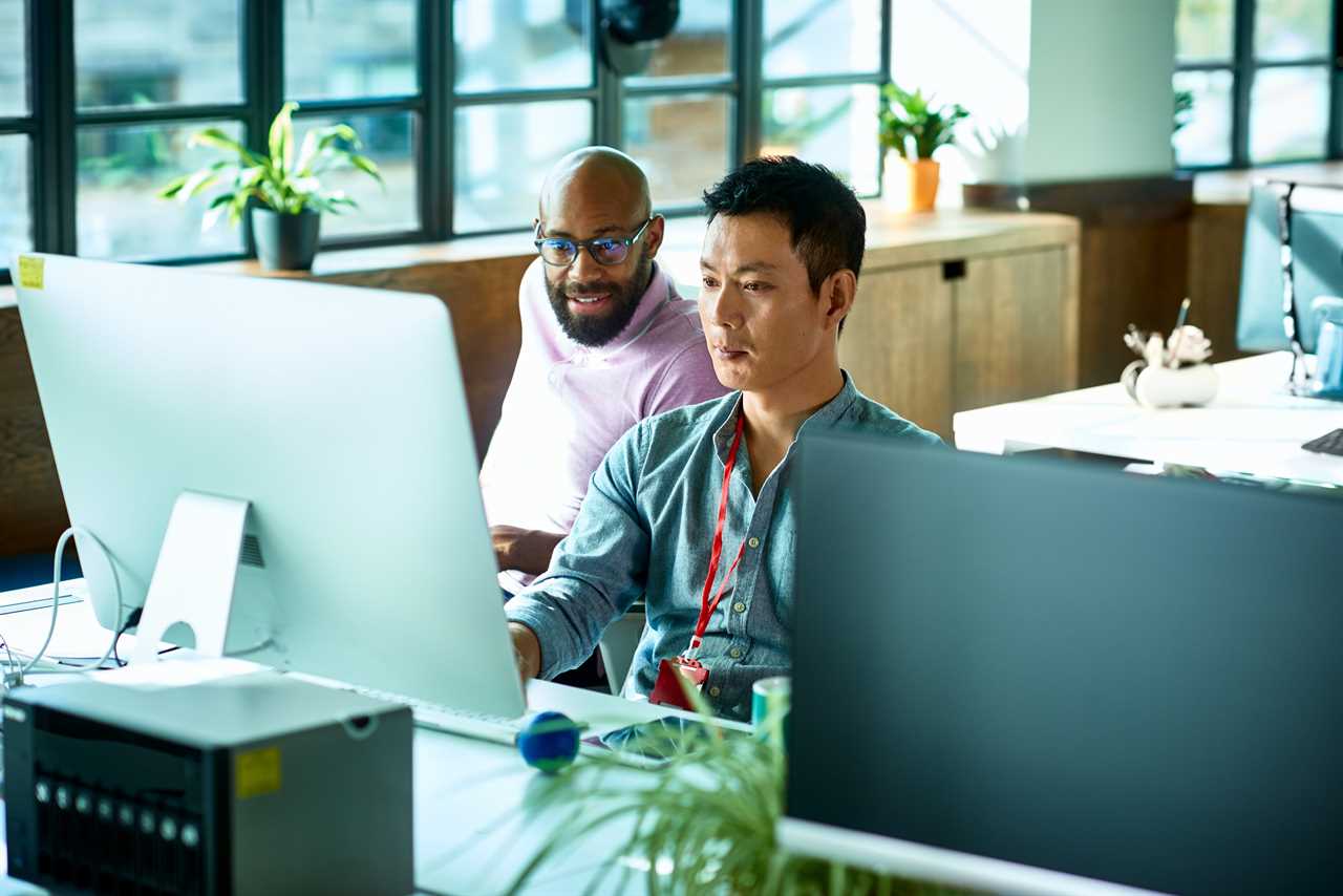 Computer programmer working with male colleague in office