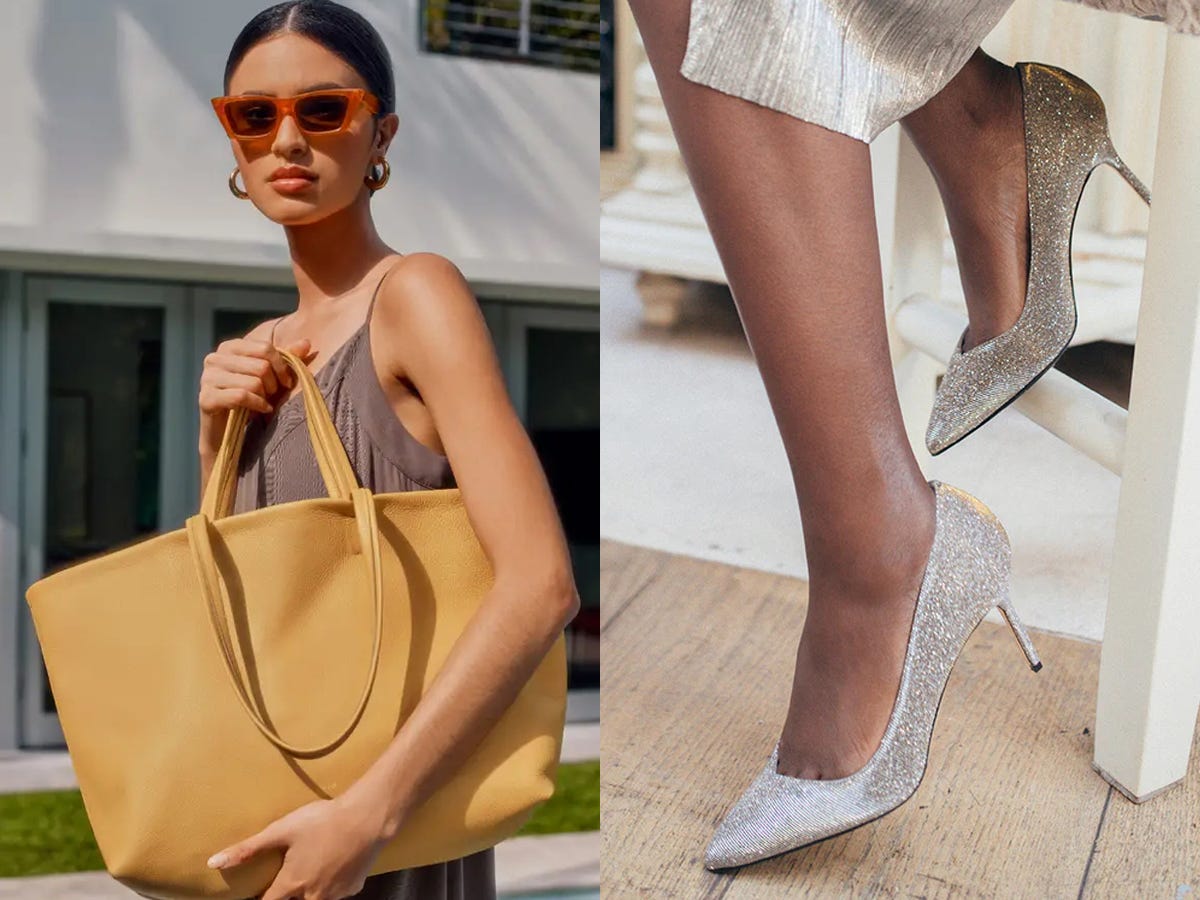 A woman in sunglasses holding a mustard yellow tote bag; a closeup of a woman wearing sparkly silver pumps