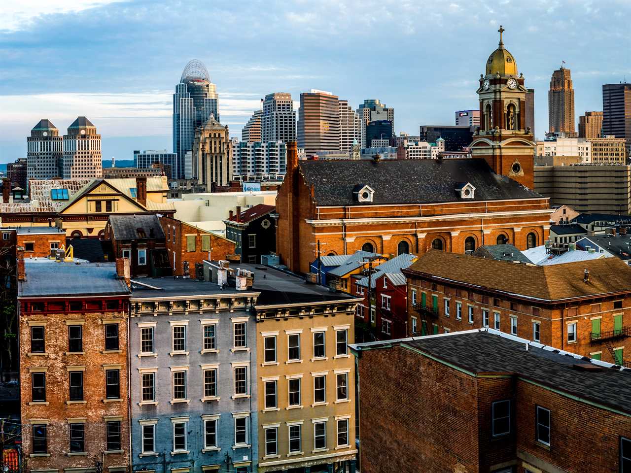 A colorful set of tall buildings of the "Over-the-Rhine" district in Cincinnati.