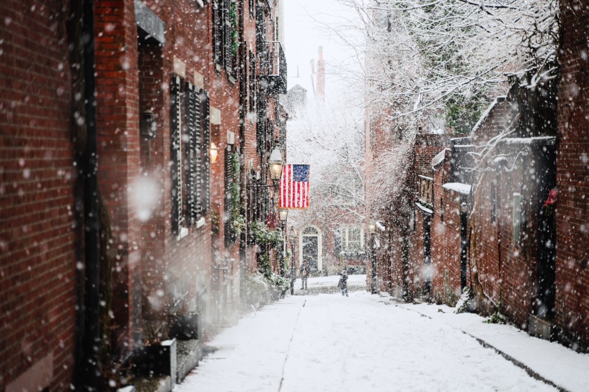 Snow falling in Acorn Street