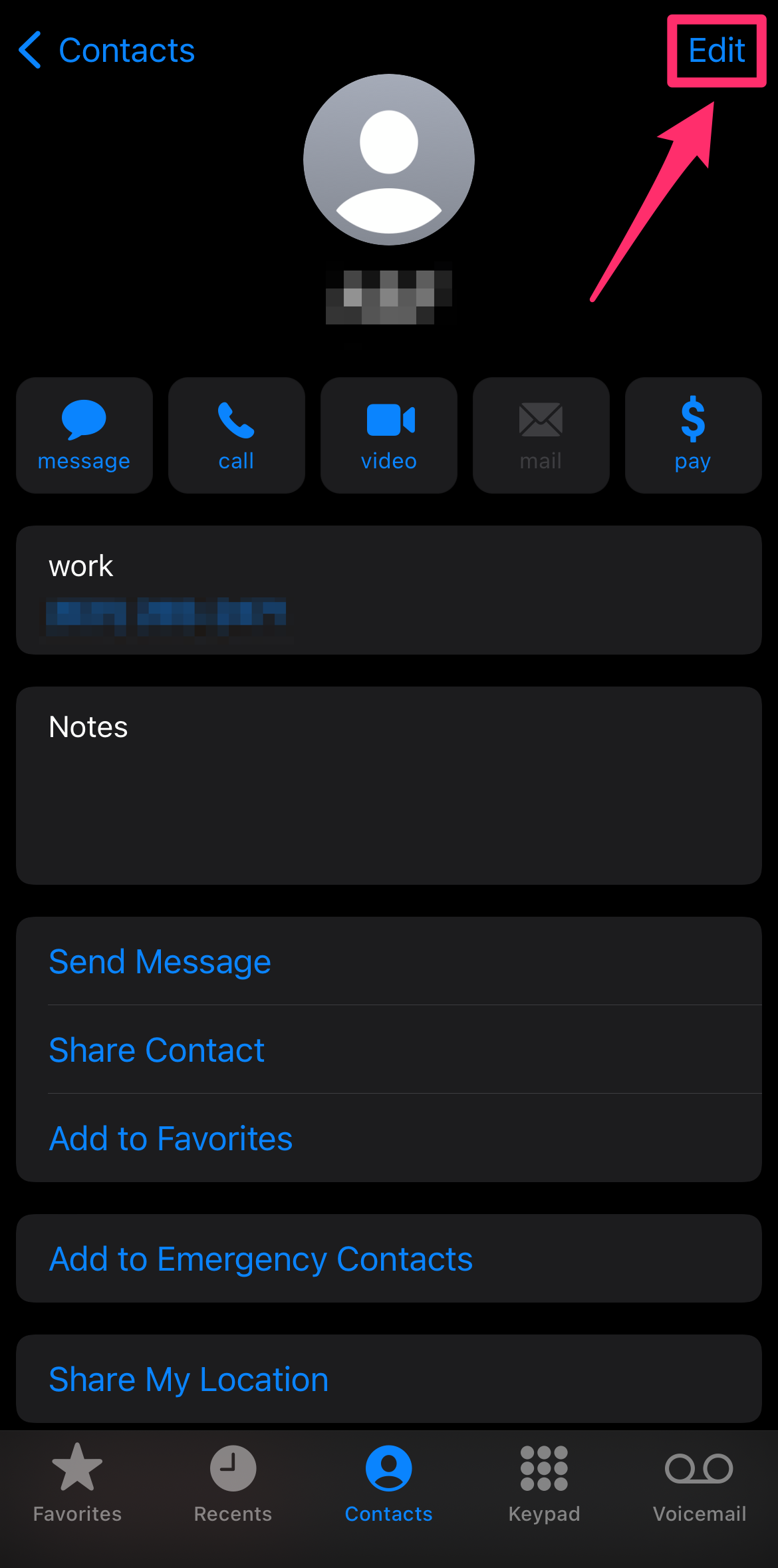 Mobile view of iPhone contact with Edit option highlighted with a box and arrow.