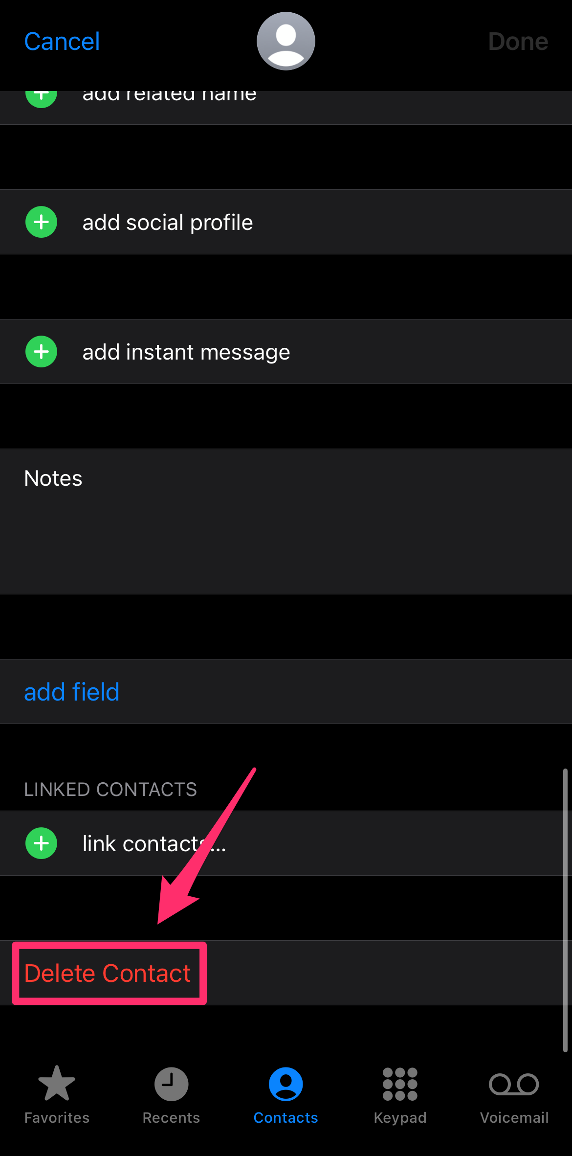 Mobile view of iPhone contact’s Edit page with Delete Contact option highlighted with a box and arrow.