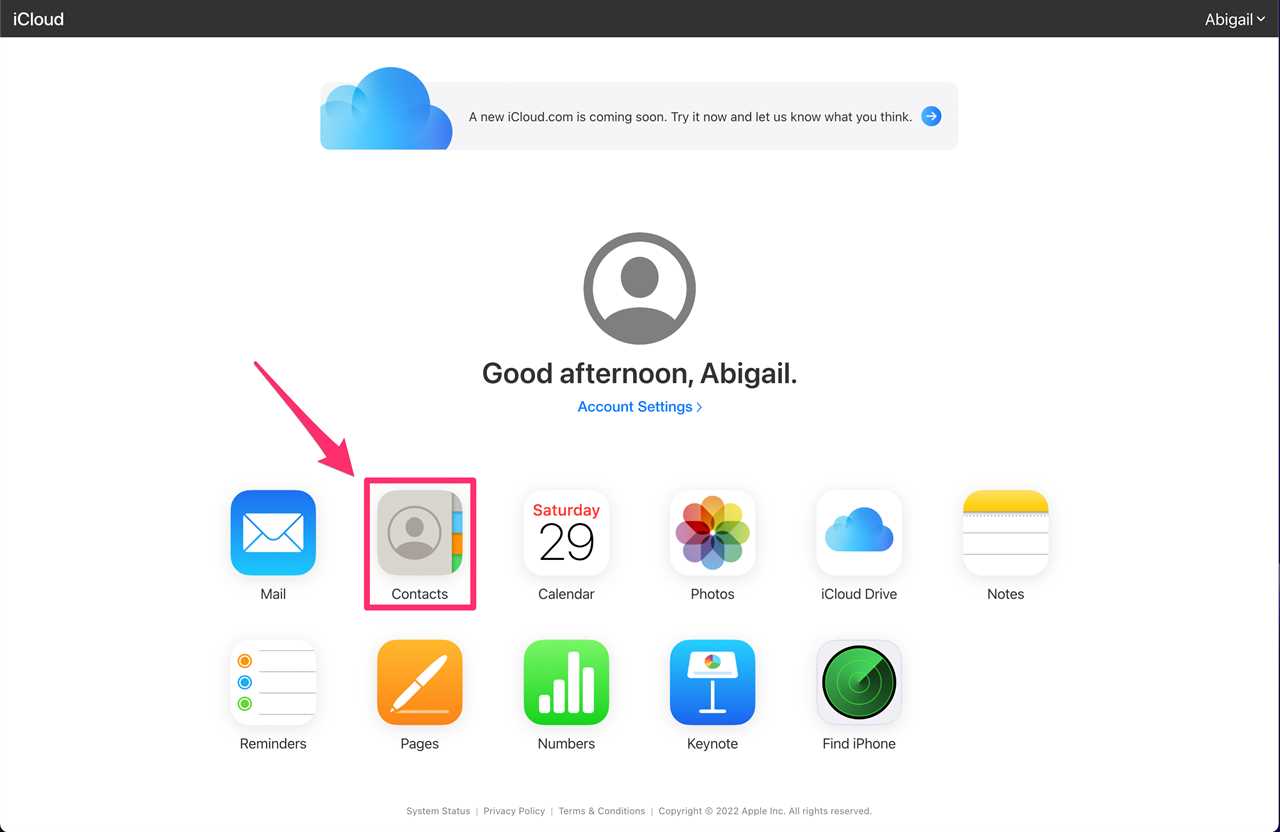 Desktop view of iPhone iCloud website homepage with Contacts app highlighted with a box and arrow.