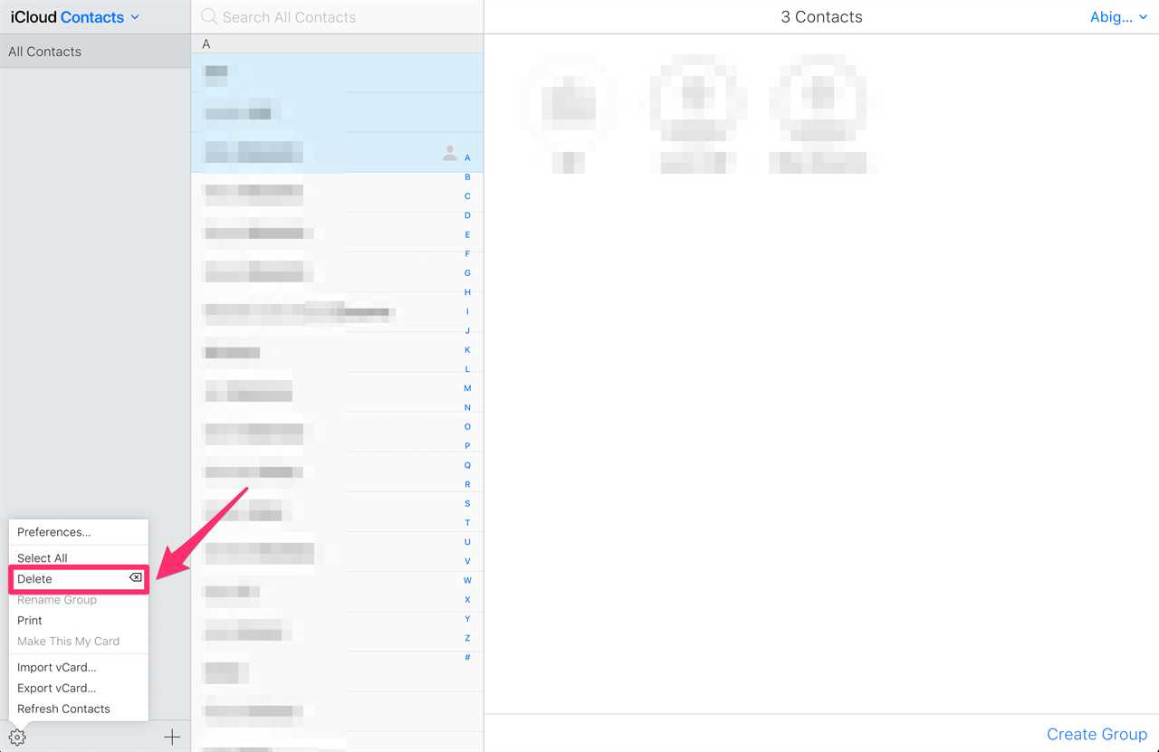 Desktop view of iCloud contacts page with Delete option highlighted with a box and arrow.