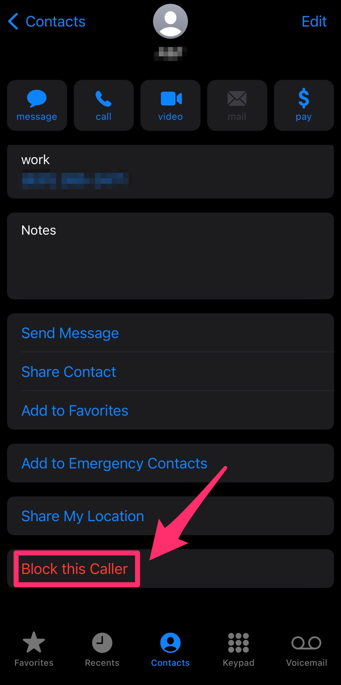 Mobile view of iPhone contact page with Block this Caller option highlighted with a box and arrow.