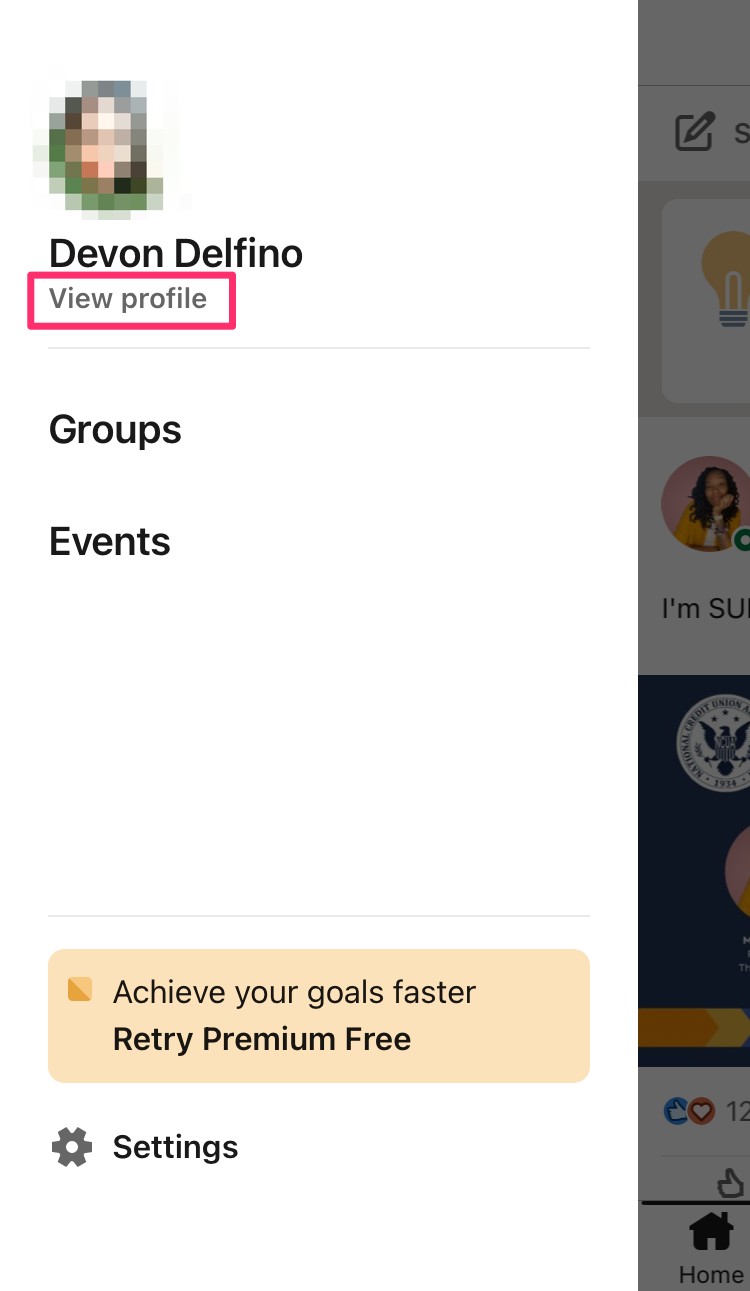 In app view of the sidebar menu with “View profile” highlighted.