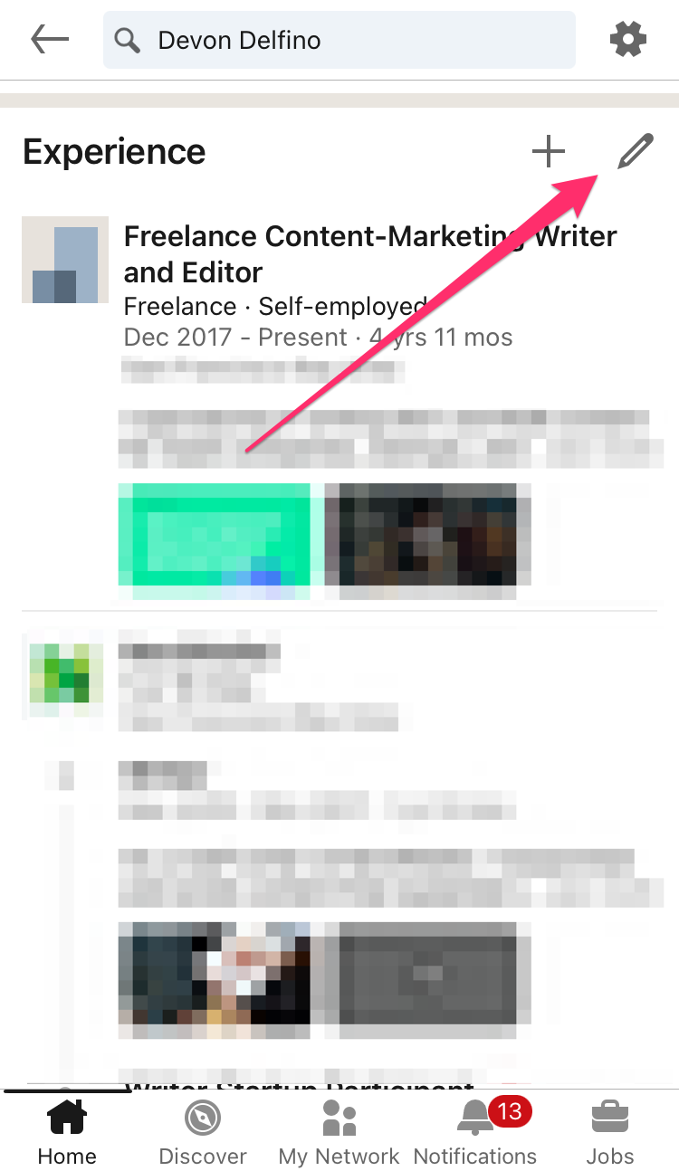 In app view of the experience section on a LinkedIn profile with an arrow pointed at the edit pencil.