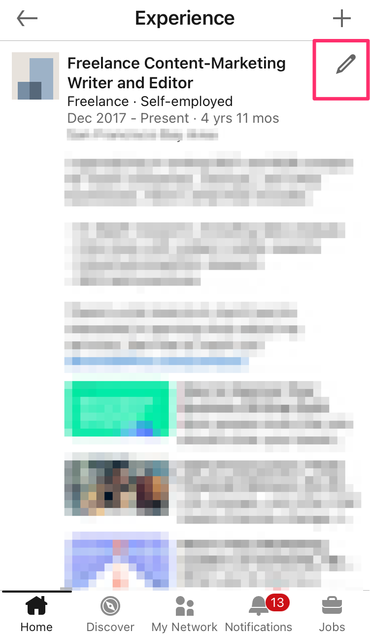 In app view of the experience section on a LinkedIn profile with a hot pink box highlighting the edit pencil icon.