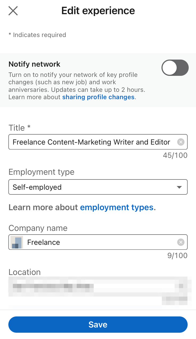 In app view of the “Edit experience” page on the LinkedIn app.