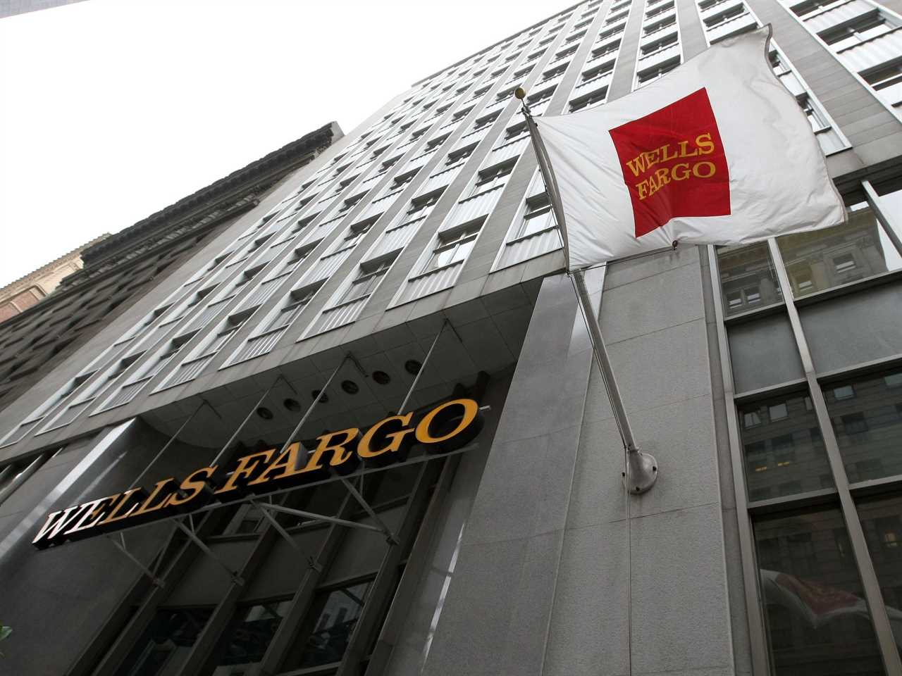 Wells fargo flag at a wells fargo building