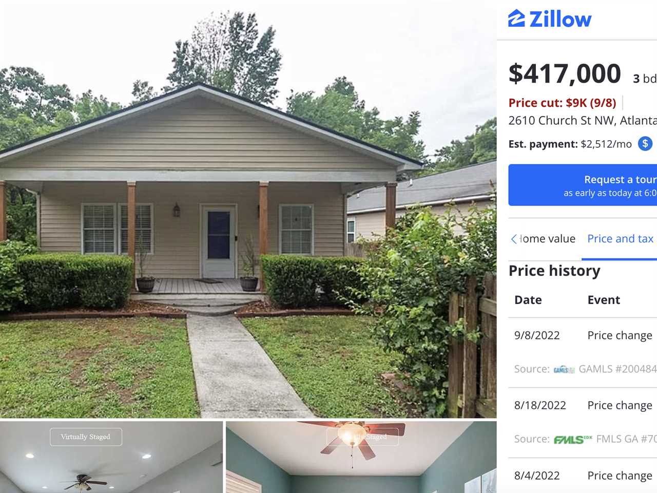 Zillow's website shows a series of price cuts on an Atlanta home that Opendoor listed in June