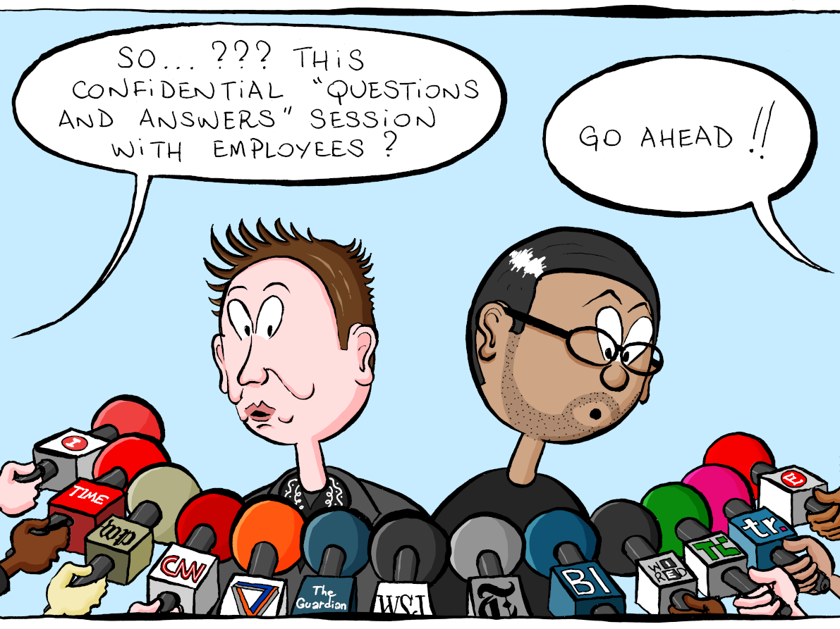 A cartoon showing Elon Musk and Parag Agrawal at the first all-hands meetings Musk attended.