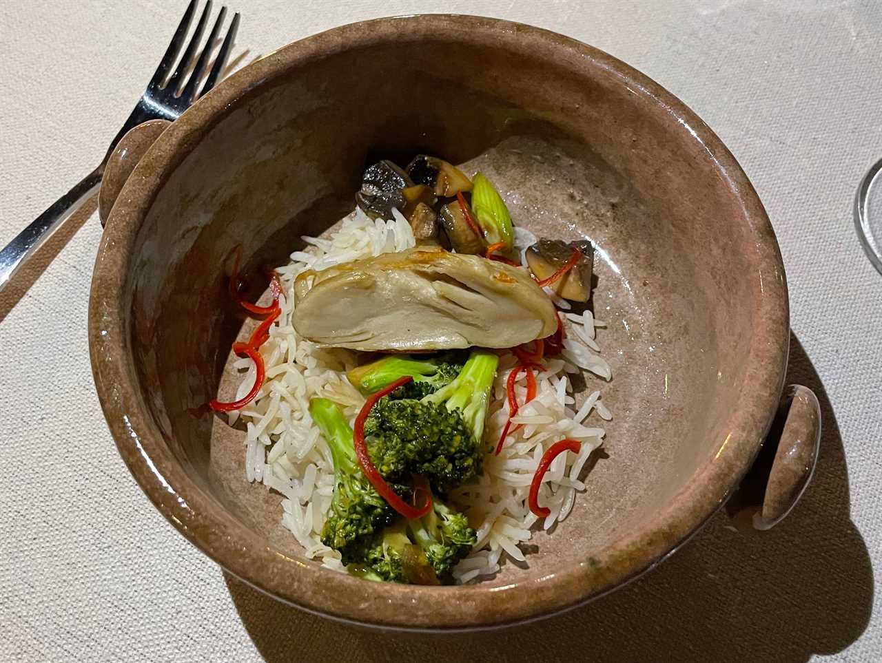 "Cultivated" chicken was served atop broccoli and rice