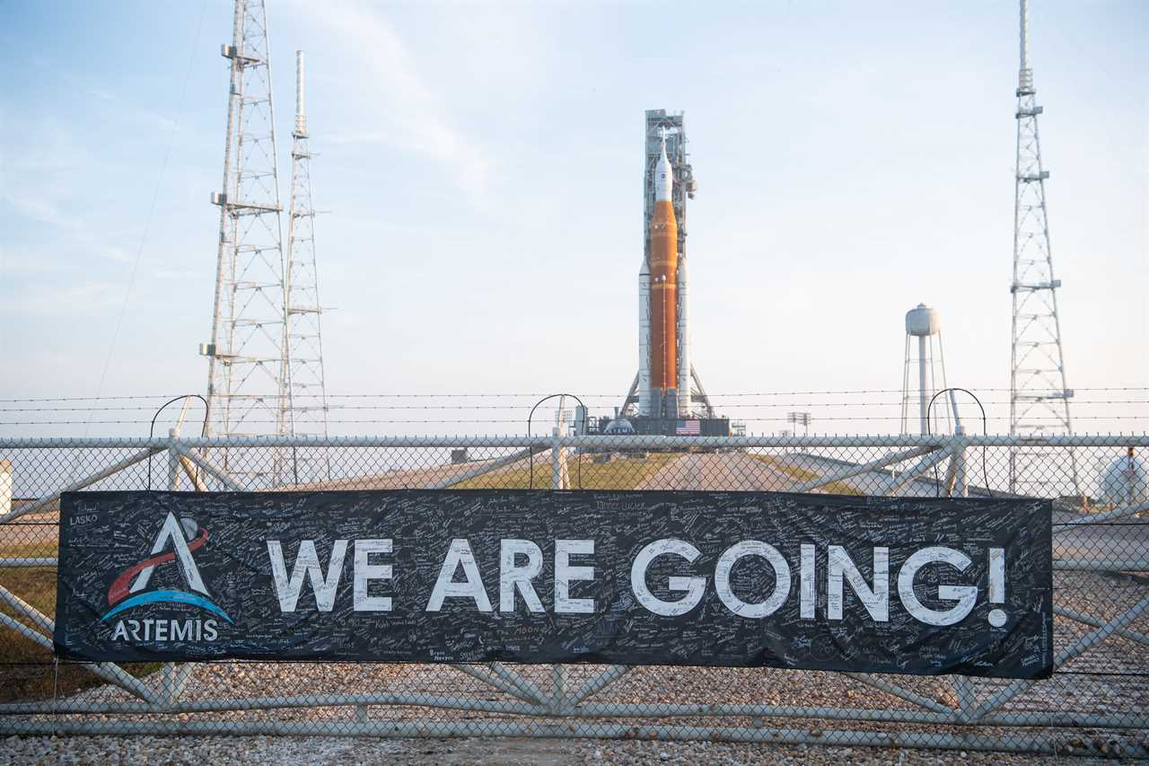 NASA’s Space Launch System (SLS) rocket with the Orion spacecraft aboard is seen atop a mobile launcher at Launch Pad 39B, Wednesday, Aug. 17, 2022, after being rolled out to the launch pad at NASA’s Kennedy Space Center in Florida.