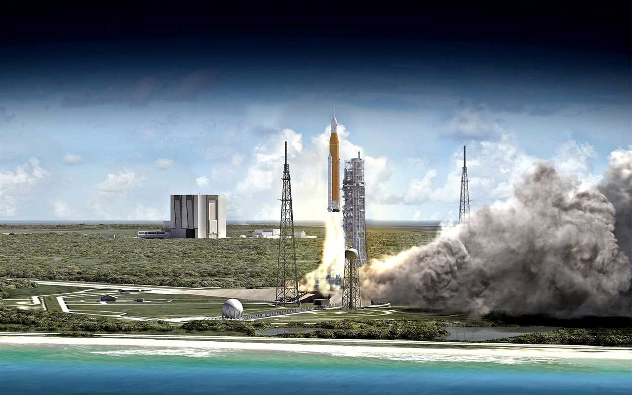 illustration show orange space launch system rocket lifting off