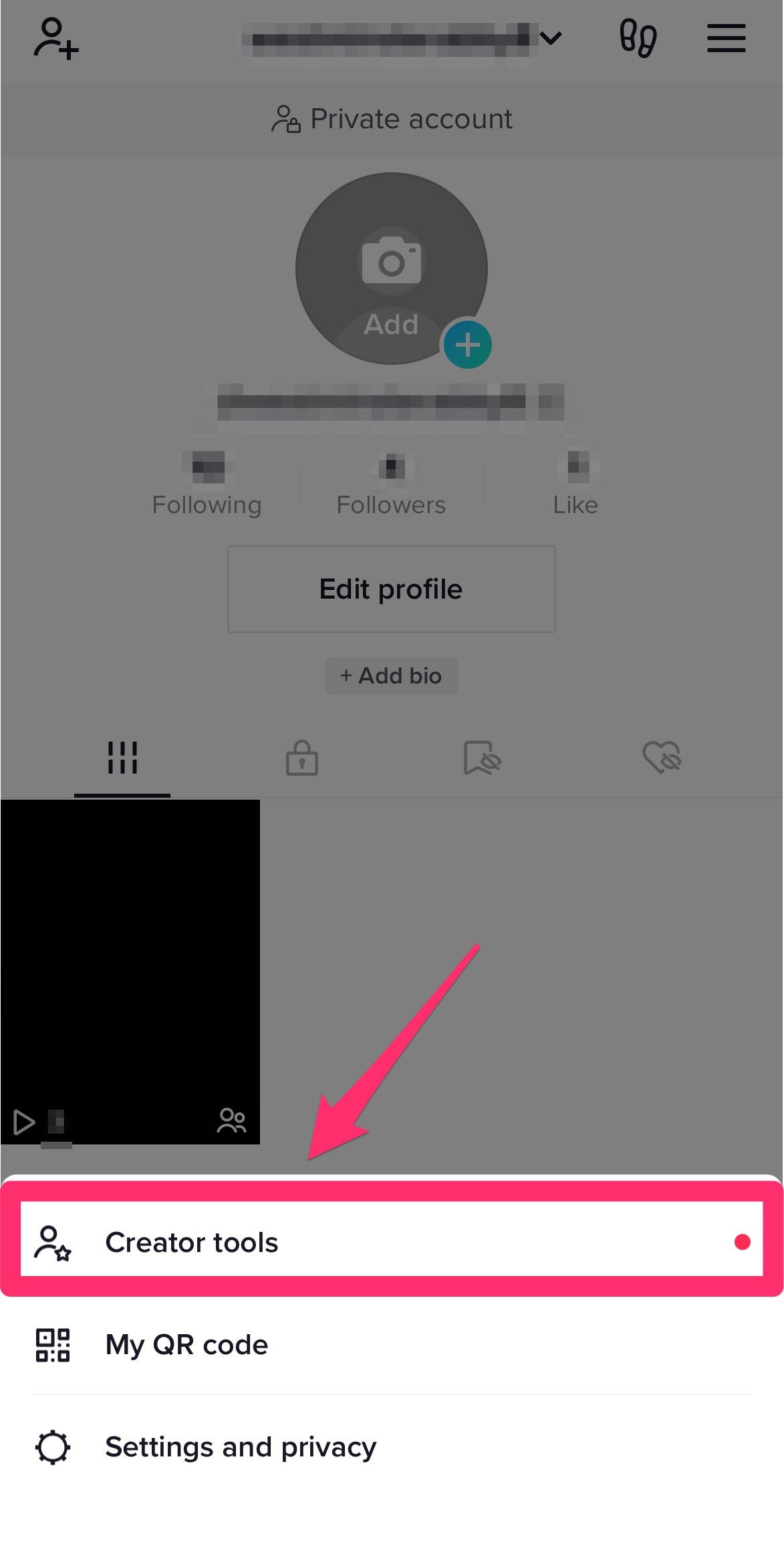 TikTok profile page with Creator tools highlighted with a box and arrow.