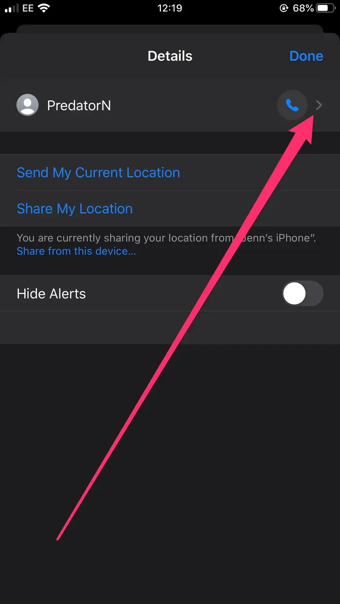 iMessage contact Details tab with a hot pink arrow pointing to a pink box surrounding an arrow button.