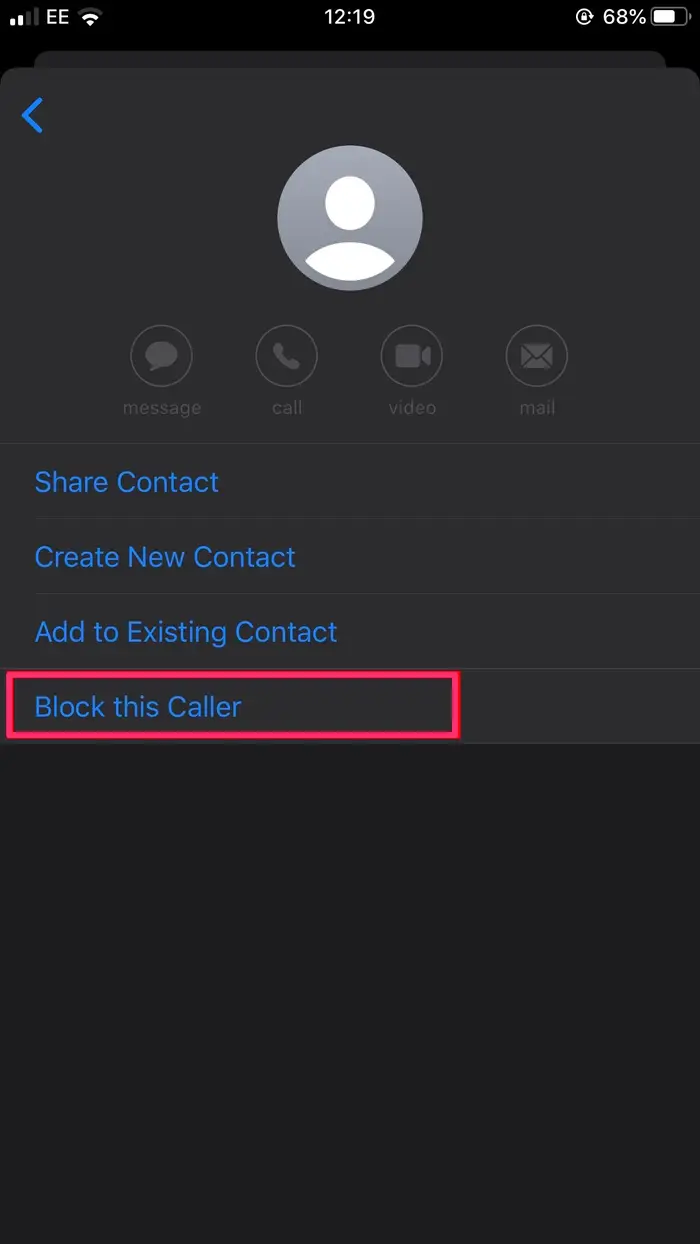 iMessage contacts pane with the Block this Caller button highlighted in a hot pink box.