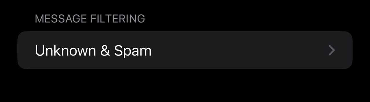 Messages settings with the Unknown & Spam button highlighted by a bright pink box.