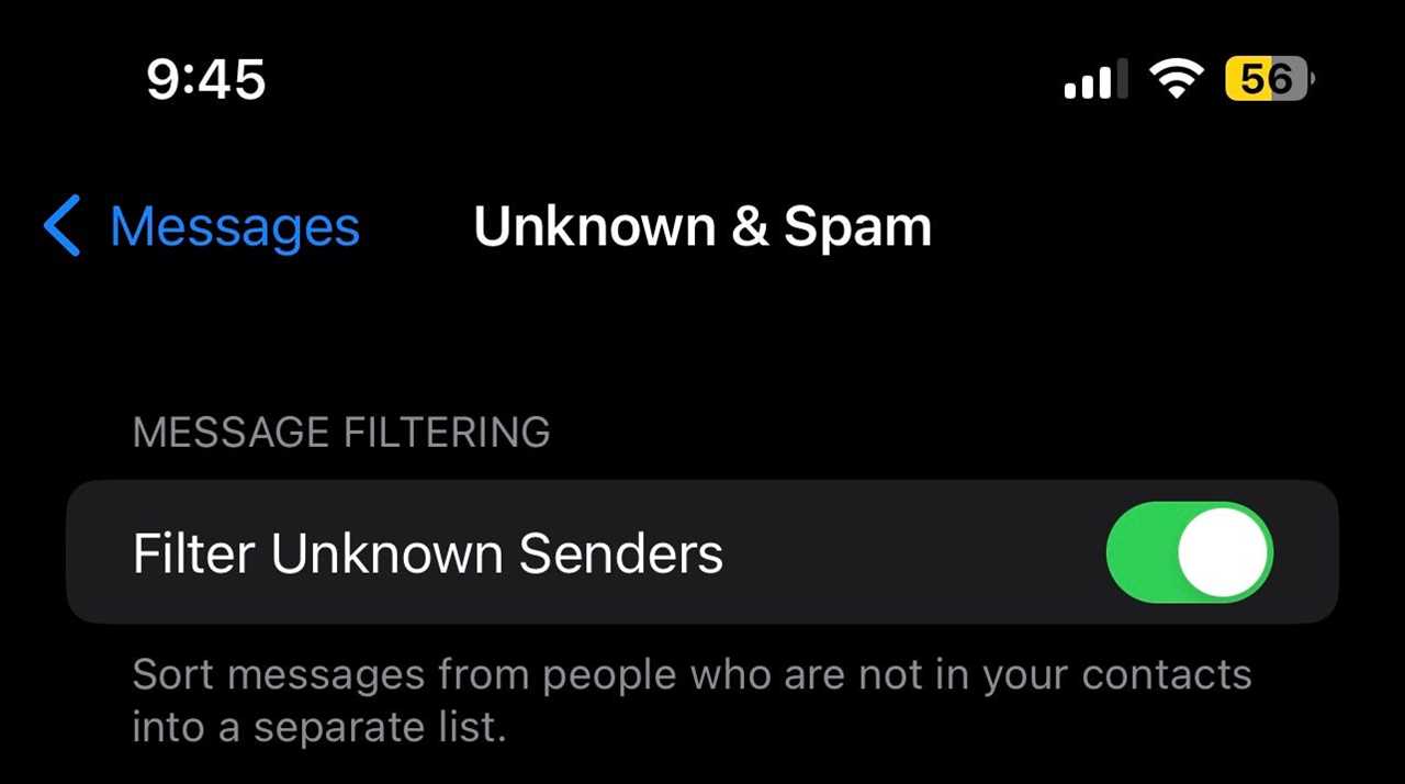 Unknown & Spam setting screen with the Filter Unknown Senders option enabled.