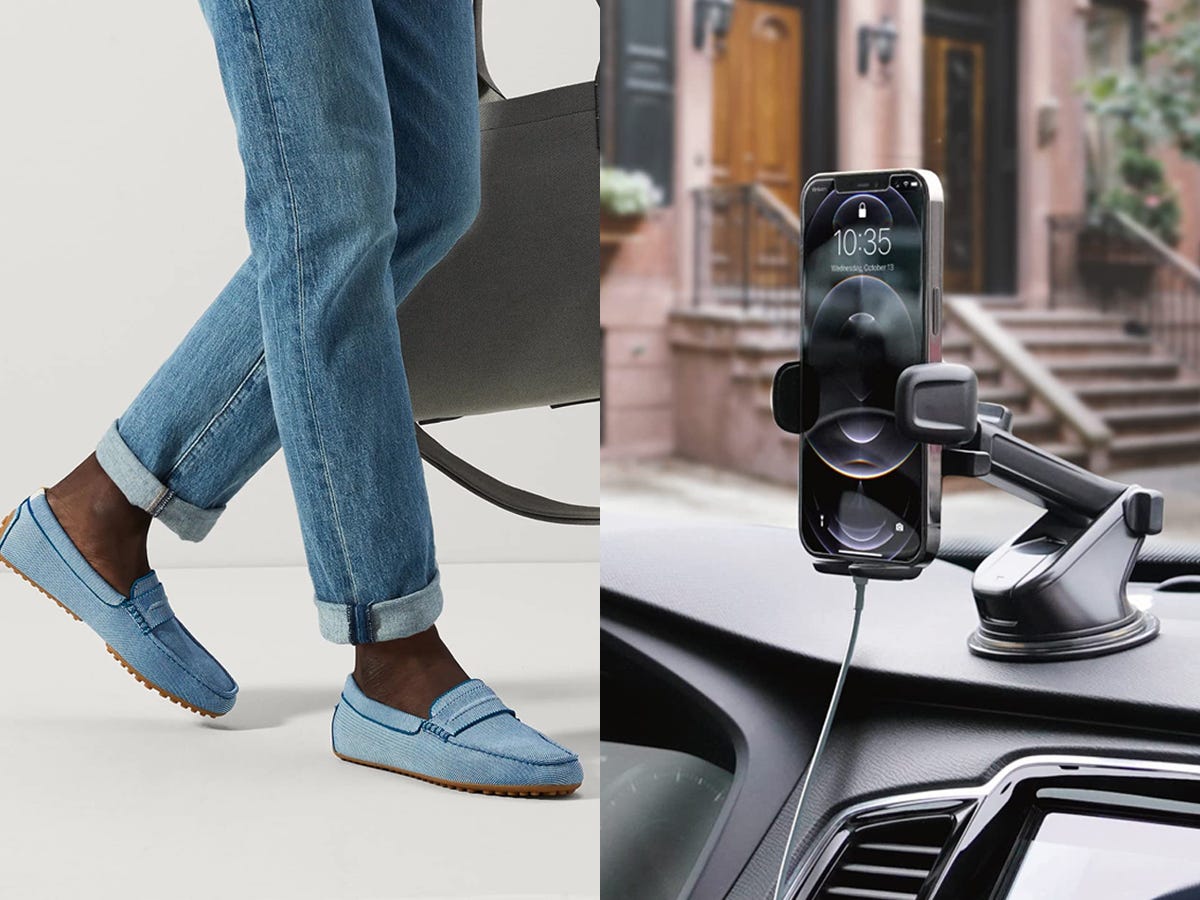 A man wearing light blue Rothy's driving loafers; a smartphone in a car mount