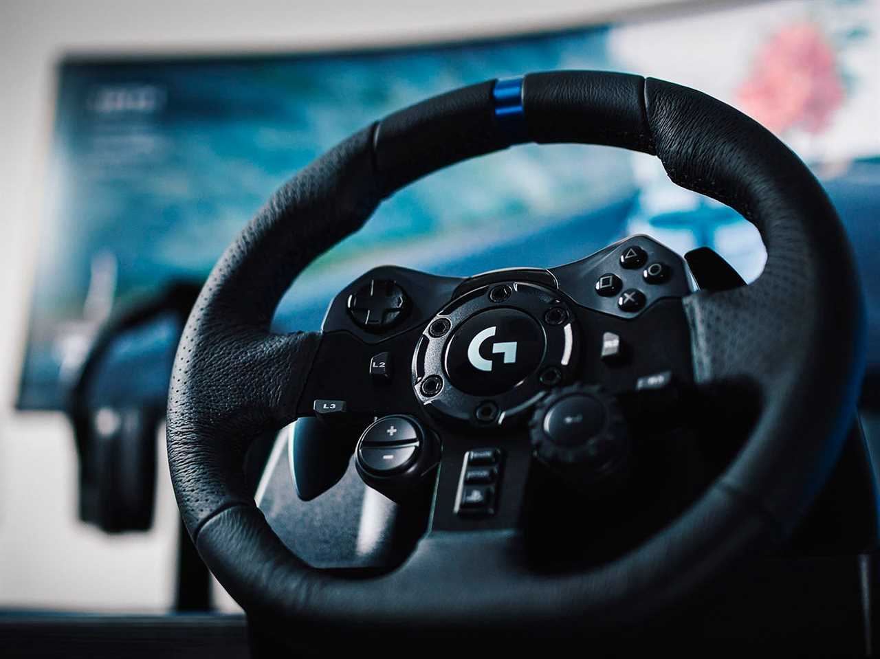 Close up of the Logitech G923 steering wheel.