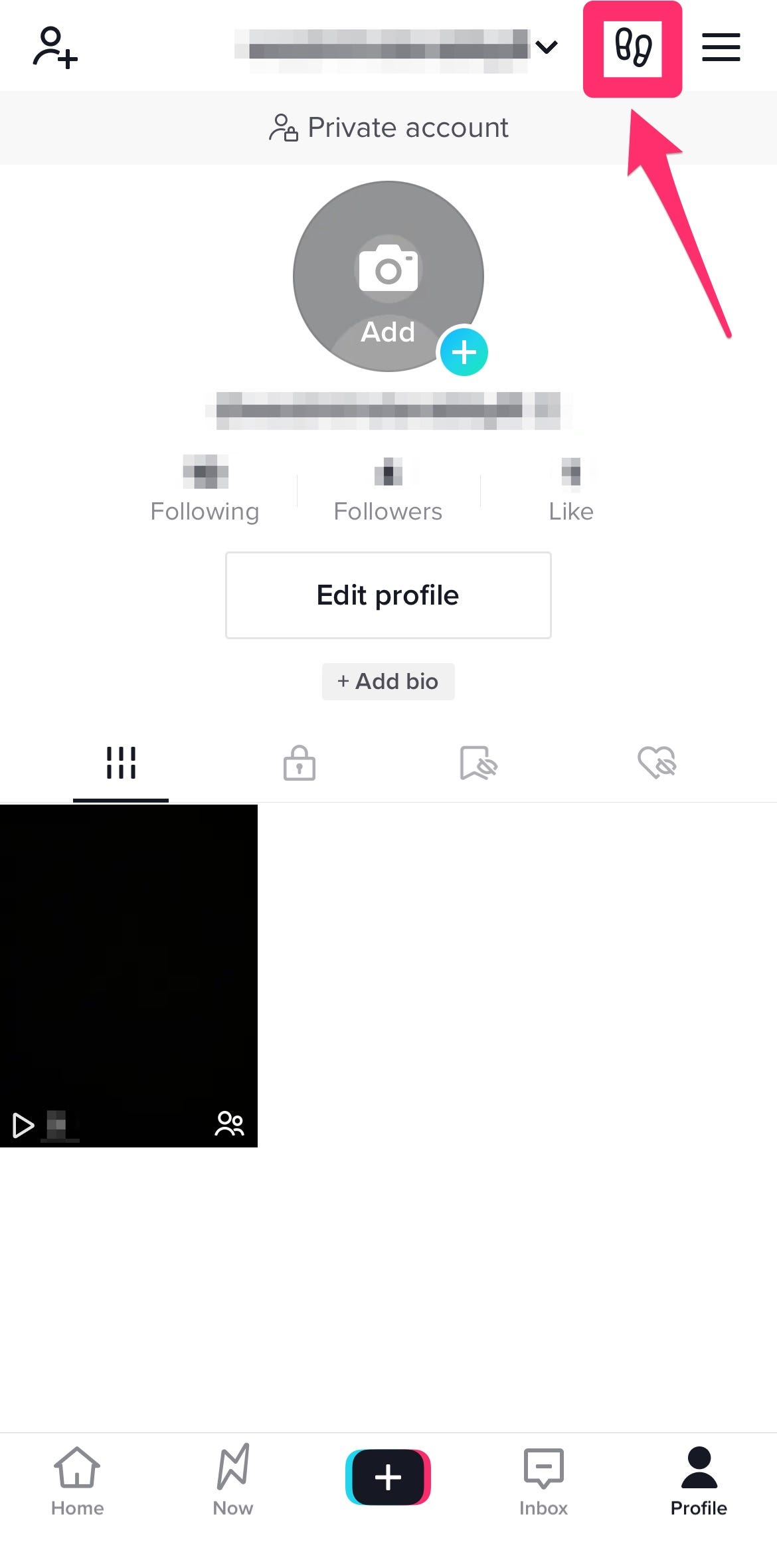 TikTok profile page with footprints icon highlighted with a box and arrow.