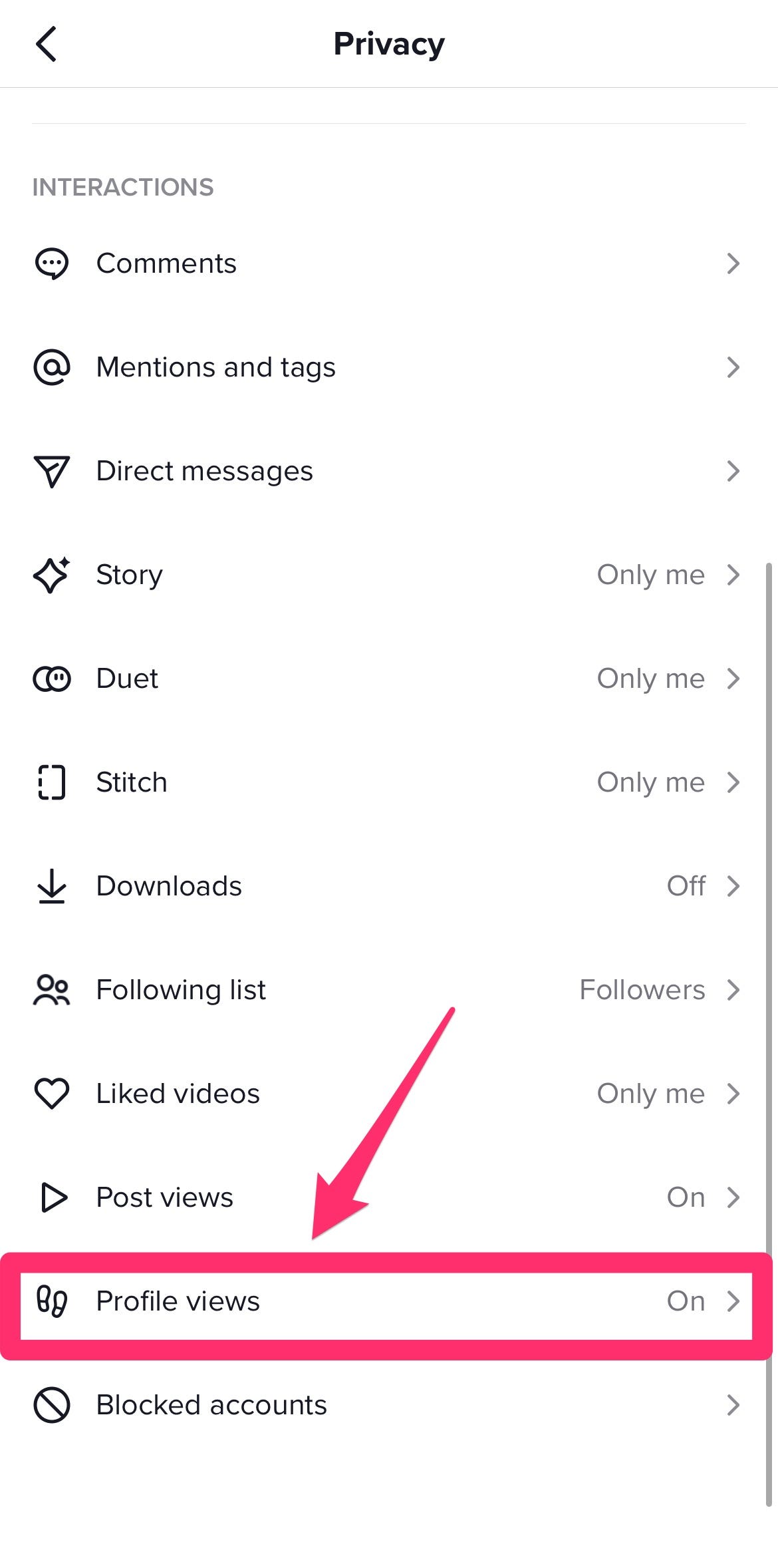 TikTok Privacy menu with Profile Views highlighted with a box and arrow.