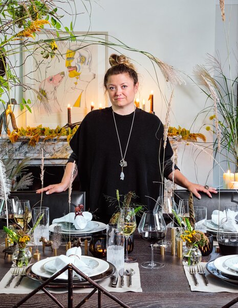 A key feature of Angie West’s elaborately organic holiday table-scape is a monumental Scimitar dining table from her brand, Refractory.