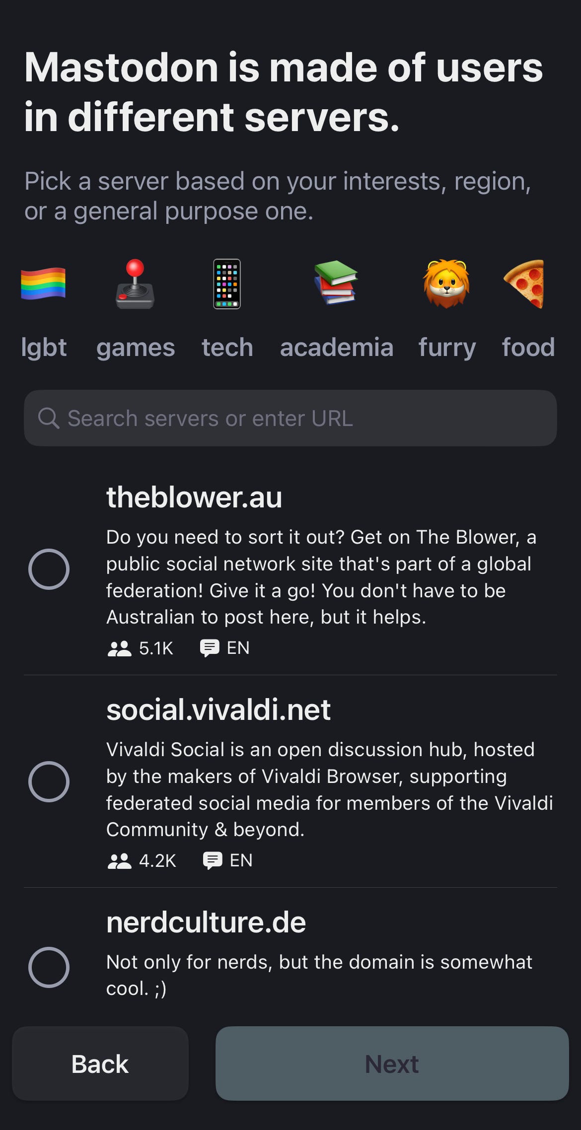 Mastodon servers list screenshot