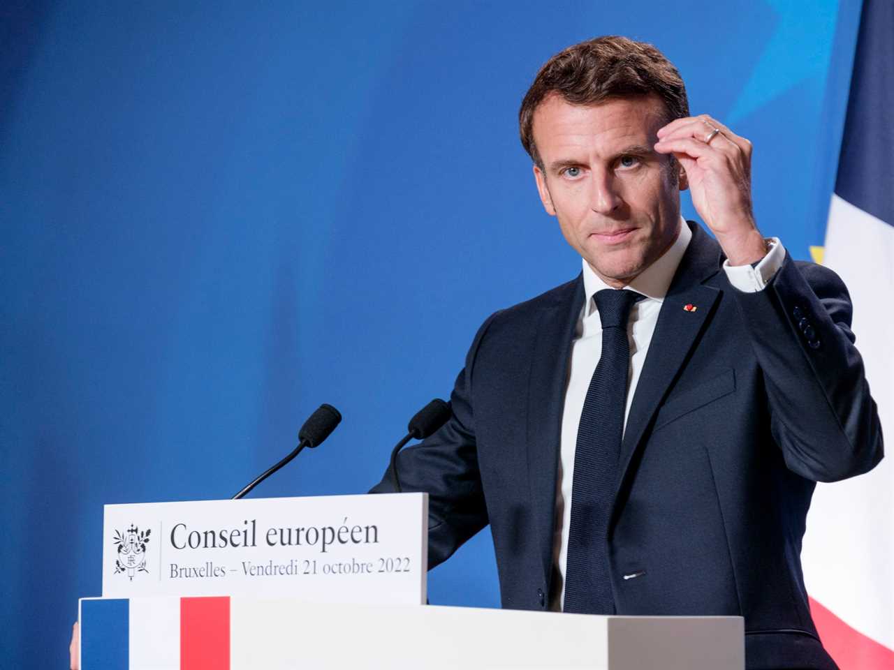 BRUSSELS, BELGIUM - OCTOBER 21: French President Emmanuel Macron talks to the media at the end of the second day of an EU Summit in the Europa building, the EU Council headquarter on October 21, 2022 in Brussels, Belgium. The European Council addressed Russia's escalating war of aggression against Ukraine, which is putting European and global peace and security at risk. The European Council is determined to counter disinformation aimed at negating our collective efforts to defend the sovereignty of Ukraine and rules-based international order. It reiterates that Russia bears the sole responsibility for the current energy and economic crises. (Photo by Thierry Monasse/Getty Images)