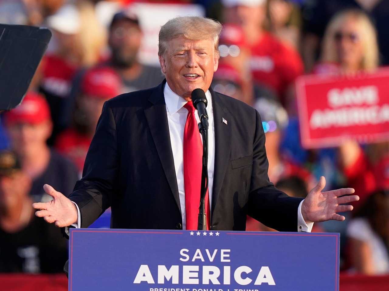 Former President Donald Trump speaks at a rally at the Lorain County Fairgrounds, Saturday, June 26, 2021, in Wellington, Ohio.